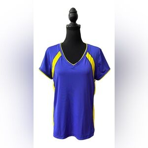 Tek Gear: Purple and Fluorescent Yellow Athletic Wear V Neck Tee Shirt